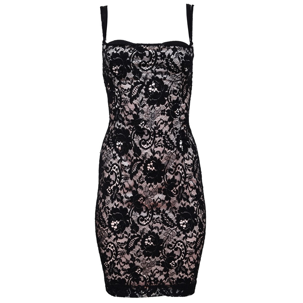 Dolce & Gabbana S/S 1997 Black Lace Mini Dress with a Nude Underlay